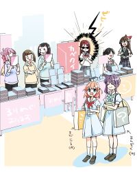  0_0 6+girls ahoge anyoji_hime aqua_neckerchief arrow_(symbol) bag black_hair black_pants black_shoes black_skirt black_vest blue_dress blue_hoodie blunt_bangs blunt_ends bob_cut bow brown_hair cerise_bouquet character_age clip_studio_paint collared_shirt comiket commentary_request covering_face dress flower_knot fox_mask grey_sailor_collar grey_skirt hair_bow hasu_no_sora_school_uniform hazuki_ren highres hinoshita_kaho hood hoodie in-franchise_crossover kachimachi_kosuzu kanduki_kamibukuro loafers love_live! love_live!_hasu_no_sora_jogakuin_school_idol_club love_live!_nijigasaki_high_school_idol_club love_live!_sunshine!! love_live!_superstar!! mask medium_dress medium_hair momose_ginko mouth_mask multi-tied_hair multiple_girls neck_ribbon neckerchief nervous_sweating nijigasaki_school_uniform orange_hair osaka_shizuku otomune_kozue pants pink_hair pleated_dress pleated_skirt pointing pointing_at_another ponytail purple_hair purple_hoodie red_bow red_hair red_neckerchief ribbon sailor_collar sailor_dress sakurauchi_riko school_uniform serafuku shirt shoes shopping_bag short_hair short_sleeves side_ponytail sidelocks skirt socks standing summer_uniform sunglasses sweat translation_request two_side_up uranohoshi_school_uniform vest virtual_youtuber white_mask white_sailor_collar white_shirt white_socks yellow_hoodie yellow_ribbon yuigaoka_school_uniform 
