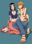  2girls bangle bikini_top black_hair blue_background blue_eyes bracelet breasts brown_eyes cleavage earrings foreshortening grin high_heels highres jewelry log_pose long_hair lost1zero midriff multiple_girls nail_polish nami navel nico_robin one_piece orange_hair sandals signature sitting smile squatting sunglasses sunglasses_on_head tattoo v wink 