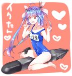  1girl blue_hair breasts hair_ornament hair_ribbon i-19_(kantai_collection) kantai_collection long_hair name_tag open_mouth personification red_eyes ribbon school_swimsuit sitting smile solo star star-shaped_pupils swimsuit symbol-shaped_pupils text torpedo twintails yabusaka 