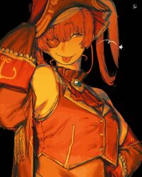  1girl :p absurdres arm_up ascot bare_shoulders bicorne black_background blush brooch closed_mouth commentary eyepatch fang hair_ribbon hat hfsean2 highres hololive houshou_marine houshou_marine_(1st_costume) jacket jacket_partially_removed jewelry long_sleeves looking_up one_eye_covered orange_theme pirate_costume pirate_hat ribbon simple_background sleeves_past_fingers sleeves_past_wrists smile solo tehepero tongue tongue_out twintails upper_body virtual_youtuber wink_star 