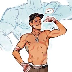 1boy 99pm_e bandaged_hand bandages bandaid_on_face baseball_cap battle_damage belt belt_buckle black_eye bloody_bandages bloody_hands bloody_nose brown_hair brown_pants bruise closed_eyes confident dog_tags fanart flexing groin hat lowrise male_focus multiple_drawing muscle muscular_male nipples scar scout_(tf2) shirtless shirtless_(male) short_hair smirk speech_bubble team_fortress_2 text the_scout underwear