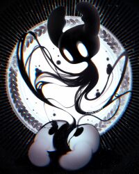  1other absurdres black_skin blank_eyes broken_mask colored_skin commentary dissolving english_commentary floating highres hollow_knight horned_mask horns lianarynty light_particles mask sibling_(hollow_knight) signature twitter_username white_mask 