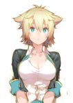  1girl animal_ears black_hair blonde_hair blue_eyes blush breasts cleavage_cutout gj-bu kirara_bernstein large_breasts looking_at_viewer multicolored_hair short_hair sleeves_rolled_up solo taut_clothes taut_shirt two-tone_hair v_arms yasu 