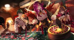  4girls air_conditioner androgynous animal_ears animal_hands black_gloves brown_hair card casino cielo_the_raise_moon_veil crossed_bangs ear_piercing earrings gloves grey_hair grey_shirt hair_ornament high_collar highres indoors jacket jewelry lamp long_hair looking_at_viewer multiple_girls piercing playing_card pointy_ears poker_chip purple_hair raise_moon_blade_shayna raise_moon_elegance_carol raise_moon_wings_rapi red_eyes roulette roulette_table scar scar_on_face shirt sleeves_rolled_up table upper_body uragawai violet_eyes white_shirt yu-gi-oh! 