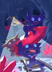  1boy alternate_color bat_(animal) blue_eyes cave crystal ditto flying gem_eyes golbat hard_hat helmet highres holding holding_crystal long_fur_tiger minecart open_mouth pickaxe pokemon pokemon_(creature) pokemon_focus railroad_tracks red_eyes running sableye sharp_teeth shiny_pokemon teeth tongue tongue_out wings 
