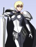  1girl armor blonde_hair breastplate breasts brown_eyes cape clare_(claymore) claymore claymore_(sword) faulds gauntlets impossible_armor morganagod pantyhose pauldrons short_twintails solo twintails white_legwear 