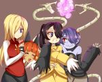  4girls :&lt; ^_^ alternate_color animal_ears arm_around_shoulder black_hair blonde_hair blue_eyes blue_hair blue_skin blush cat_ears closed_eyes dark_skin detached_sleeves disembodied_head dual_persona enki_(dragonfire) hair_over_one_eye leviathan_(skullgirls) multiple_girls nadia_fortune orange_hair pale_skin parasoul_(skullgirls) player_2 raglan_sleeves red_eyes side_ponytail sienna_contiello skirt skullgirls stitched_mouth turtleneck wide_hips 