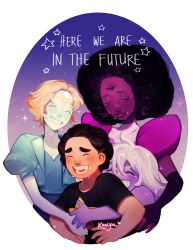  1boy 3girls ^_^ afro amethyst_(steven_universe) blue_eyeshadow closed_eyes colored_skin commentary crying english_commentary eyelashes eyeshadow forehead_jewel garnet_(steven_universe) grin highres hug hug_from_behind jacket knaiifu lips makeup multiple_girls open_mouth pearl_(steven_universe) puffy_short_sleeves puffy_sleeves purple_eyeshadow purple_skin red_eyeshadow short_hair short_sleeves smile steven_quartz_universe steven_universe steven_universe_future teeth third_eye upper_body white_skin 