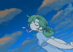  1girl absurdres arms_behind_back closed_eyes clouds cloudy_sky dusk earrings from_below green_hair hatsuseno_alpha highres jewelry long_hair oldvege08 outdoors ponytail shirt sky solo star_(sky) starry_sky white_shirt yokohama_kaidashi_kikou 