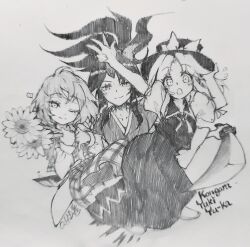  3girls absurdres blush bow carbohydrate_(asta4282) character_name closed_mouth collared_shirt collared_vest commentary_request flower greyscale hat hat_bow heart highres holding holding_flower horns japanese_clothes kazami_yuuka kimono konngara_(touhou) long_hair long_sleeves looking_at_viewer medium_hair monochrome multiple_girls one-hour_drawing_challenge one_eye_closed oni open_mouth plaid_clothes plaid_skirt plaid_vest ponytail puffy_short_sleeves puffy_sleeves shirt short_sleeves single_horn skirt smile sunflower touhou touhou_(pc-98) vest yuki_(touhou) 