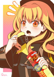 1girl artist_name blonde_hair border brown_dress chips_(food) commentary_request dress eyelashes fingernails food hair_between_eyes hands_up high_collar holding light_blush long_hair looking_at_viewer open_mouth orange_eyes outside_border potato_chips qontamblue sekaiju_no_meikyuu sekaiju_no_meikyuu_3 solo star_(symbol) tongue translation_request upper_body wavy_hair white_border wide_sleeves zodiac_(sekaiju) zodiac_4_(sekaiju) 