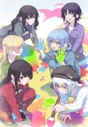  6+girls ^_^ artist_name black_hair blonde_hair blue_hair braid braided_hair_rings closed_eyes colored_tips commentary_request green_eyes green_jumpsuit grey_eyes grey_jumpsuit hair_rings heterochromia holding holding_paintbrush housho_margo jogasaki_noah jumpsuit kotetsu_080 kurobe_nanoka long_hair mahou_shoujo_no_majo_saiban multi-tied_hair multicolored_eyes multicolored_hair multiple_girls nikaido_hiro paint_on_hands paint_splatter paint_splatter_on_face paint_stains paintbrush painting_(action) purple_jumpsuit red_eyes red_jumpsuit short_hair signature streaked_hair tachibana_sherry tono_hanna twintails white_background white_hair white_jumpsuit yellow_eyes 