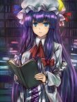  1girl blue_eyes book book_stack capelet crescent dress hair_ribbon hat hat_ribbon inaba-no-kuni-tottori library long_hair long_sleeves looking_at_viewer mob_cap open_clothes open_coat patchouli_knowledge purple_hair ribbon solo striped striped_dress touhou tress_ribbon very_long_hair 