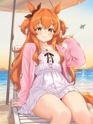  1girl aircraft airplane animal_ears beach black_ribbon bow coat commentary dress ear_bow ear_ribbon english_commentary fighter_jet hair_ornament highres holding_own_hair horse_ears horse_girl horse_tail jewelry long_hair mayano_top_gun_(umamusume) military_vehicle necklace orange_eyes orange_hair orange_tail pennylessmac pink_coat ribbon sitting smile solo tail umamusume white_dress 