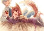  1boy 1girl 6bi animal_ears apple brown_hair craft_lawrence fang food fruit grey_hair highres holo long_hair lying on_stomach open_mouth red_eyes short_hair smile spice_and_wolf tail wolf_ears wolf_tail 