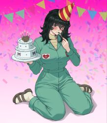  1girl anya_(mouthwashing) birthday_cake black_hair blue_jumpsuit blush bow breasts cake candle closed_mouth commentary_request confetti eating english_text food fork grey_eyes hair_between_eyes happy_birthday hat heart highres holding holding_fork jumpsuit kneeling korean_commentary mouthwashing party_hat pennant pony_express_uniform purple_bow s2_anya sandals socks solo white_socks 