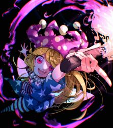  1girl american_flag american_flag_dress american_flag_print artist_name blonde_hair clownpiece commentary_request dated dress fairy fairy_wings flag_print hat highres holding holding_torch jester_cap long_hair looking_at_viewer neck_ruff open_mouth pantyhose pink_eyes polka_dot_headwear purple_hat short_sleeves smile solo star_(symbol) star_print striped_clothes striped_dress striped_pantyhose tami_(joemanyodw) torch touhou very_long_hair wings 