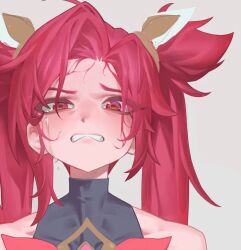  1girl arcane:_league_of_legends bare_arms bare_shoulders crying crying_with_eyes_open furrype4ch hair_ornament hair_ribbon highres jewelry jinx_(league) league_of_legends long_hair looking_at_viewer messy_hair open_mouth red_eyes red_hair ribbon riot_games simple_background solo star_guardian_jinx strapless tears very_long_hair 