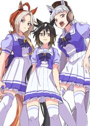  3girls 82hanico ahoge animal_ears black_hair blue_eyes blunt_bangs bow breasts brown_eyes brown_hair brown_hat closed_mouth commentary_request curtained_hair ear_bow ear_covers ear_ornament ear_ribbon gold_ship_(umamusume) gradient_eyes grey_hair hair_between_eyes hat highres horse_ears horse_girl horse_tail long_hair looking_at_viewer multicolored_eyes multicolored_hair multiple_girls open_mouth orange_hair orfevre_(umamusume) parted_lips pillbox_hat pleated_skirt ponytail puffy_short_sleeves puffy_sleeves purple_bow purple_shirt purple_skirt sailor_collar sailor_shirt school_uniform shirt short_sleeves simple_background single_ear_cover skirt smile stay_gold_(umamusume) streaked_hair summer_uniform tail thigh-highs tongue tongue_out tracen_school_uniform two-tone_hair umamusume violet_eyes white_background white_hair white_sailor_collar white_skirt white_thighhighs zettai_ryouiki 