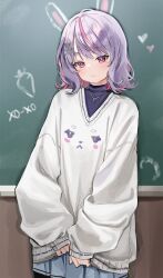  1girl :| black_shirt classroom closed_mouth commentary cowboy_shot drawn_ears expressionless grey_skirt hair_ornament highres indoors long_sleeves looking_at_viewer medium_hair miniskirt multicolored_hair nakony pink_eyes pink_streaks pleated_skirt print_sweater puffy_long_sleeves puffy_sleeves purple_hair rabbit_hair_ornament shirt skirt solo standing streaked_hair sweater tosaki_mimi turtleneck turtleneck_shirt undershirt v-neck v_arms virtual_youtuber vspo! white_sweater 