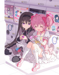 2girls absurdres akemi_homura akemi_homura_(magical_girl) black_hair black_hairband character_doll charlotte_(madoka_magica) closed_eyes closed_mouth commentary_request doll full_body gashapon hairband highres hoshii_hisa kaname_madoka kaname_madoka_(magical_girl) korean_commentary light_blush long_hair looking_at_another magical_girl mahou_shoujo_madoka_magica mahou_shoujo_madoka_magica:_hangyaku_no_monogatari mahou_shoujo_madoka_magica_(anime) miki_sayaka multiple_girls open_mouth pink_hair sakura_kyoko short_twintails sitting smile soul_gem_(madoka_magica) sweat tomoe_mami tomoe_mami_(magical_girl) twintails