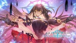  1girl black_tears breasts colored_inner_hair commentary_request halo kandima_(shadowverse) large_breasts logo long_hair miruto_netsuki multicolored_hair official_art open_mouth outstretched_arms shadowverse shadowverse:_worlds_beyond shiny_eyes smile sparkle 