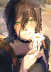  1girl backpack bag black_choker black_hair chainsaw_man choker commentary flower green_eyes grenade_pin hair_between_eyes highres holding holding_flower looking_at_viewer rachalgarlovsky reze_(chainsaw_man) smile solo untranslatable_commentary wavy_hair 