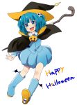  1girl blue_eyes blue_hair boots cape halloween hat ica kawashiro_nitori smile solo staff touhou twintails witch_hat 