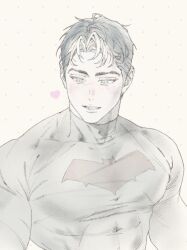  1boy batman_(series) batman_symbol black_hair blue_eyes bodysuit dc_comics grey_bodysuit highres jason_todd male_focus multicolored_bodysuit muscular muscular_male my_northstar red_hood_(dc) red_hood_and_the_outlaws short_hair superhero_costume taut_bodysuit taut_clothes two-tone_bodysuit 