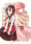  2girls black_hair brown_eyes crossover frills highres kugimiya_rie long_hair louise_francoise_le_blanc_de_la_valliere masashou_(sinsyo23) multiple_girls pillow pink_eyes pink_hair seiyuu_connection shakugan_no_shana shana wink zero_no_tsukaima 