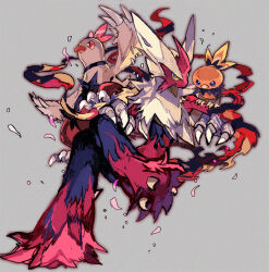  1other blaziken claws closed_mouth colored_sclera combusken commentary_request crossed_legs evolutionary_line furry grey_background kantarou_(8kan) mega_blaziken mega_pokemon other_focus pokemon pokemon_(creature) torchic yellow_sclera 