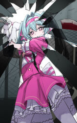  1girl absurdres aqua_hair axe blush bow_hairband broken_mirror commentary_request cowboy_shot dress frills gabang gloves hair_between_eyes hairband hatsune_miku highres holding holding_axe holding_wand ima_sugu_rinne_(vocaloid) long_hair looking_at_viewer mirror multicolored_dress multicolored_hairband pink_dress pink_eyes pink_hairband simple_background solo star-shaped_pupils star_(symbol) star_wand symbol-shaped_pupils twintails two-tone_dress two-tone_hairband vocaloid wand white_background white_dress white_gloves white_hairband 