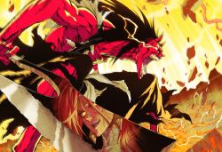  1boy absurdres bankai black_hair bleach bleach:_sennen_kessen-hen commentary demon_horns glowing glowing_eyes haori highres horn_of_salvation horns japanese_clothes long_hair male_focus pedrozox2093 screaming serrated_blade solo taichou_haori very_long_hair white_haori zanpakutou zaraki_kenpachi 
