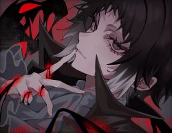  1boy akutagawa_ryuunosuke_(bungou_stray_dogs) black_eyes black_hair bungou_stray_dogs finger_to_mouth highres long_eyelashes long_sleeves looking_at_viewer male_focus multicolored_hair parted_lips short_hair solo suzunosuke_71 upper_body 