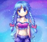  1girl bare_shoulders blue_eyes blue_hair braid collarbone female hair_ornament hairclip hands_in_pockets long_hair midriff navel neptune_(planet) original payot personification planet solo star_(sky) twin_braids wanram wavy_hair 