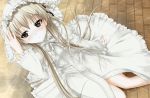  1girl bow brown_eyes dress frilled_dress frilled_sleeves frills hair_bow hair_ribbon hand_on_head haruka_na_sora hood hoodie kasugano_sora long_hair long_sleeves platinum_blonde ribbon sitting striped striped_ribbon twintails very_long_hair white_dress wide_sleeves yosuga_no_sora 