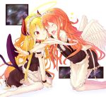  angel angel_and_devil angel_wings apron blonde_hair closed_eyes demon_girl demon_tail demon_wings halo horns hug kneeling maid maid_headdress original redhead sitting slit_pupils smile tail thighhighs tsunotsuki_(uguisu_maccha) v_arms waist_apron wariza wings wink wrist_cuffs yellow_eyes zettai_ryouiki 