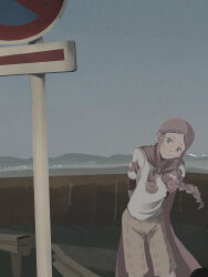  1boy absurdres arms_behind_back blue_eyes braid classicaloid clear_sky closed_mouth commentary_request grey_sky head_tilt highres jacket_around_neck male_focus outdoors pink_hair road_sign runrunenjoy short_sleeves shorts sign sky solo white_shorts wolfgang_amadeus_mozart_(classicaloid) yellow_shorts 