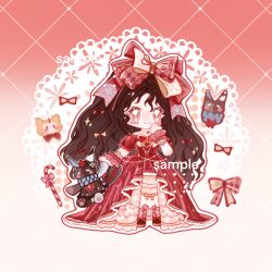1girl argyle_bow argyle_bowtie argyle_clothes argyle_pantyhose bare_shoulders bead_necklace beads black_hair bow bowtie brown_eyes candy candy_cane cat chibi chinese_commentary closed_mouth commentary_request commission crimson_rhapsody_(infinity_nikki) dress esseling_(infinity_nikki) facepaint felispirit_sack_(infinity_nikki) food frilled_dress frilled_sleeves frilled_wrist_cuffs frills gown gradient_background hair_between_eyes hair_bow hair_ribbon hand_on_own_cheek hand_on_own_face happy highres holding holding_stuffed_toy infinity_nikki jewelry jingyanyan lace_background large_bow long_dress long_hair messy_hair momo_(nikki) multiple_hair_bows necklace nikki_(series) off-shoulder_dress off_shoulder outline pantyhose print_dress procreate_(medium) puffy_short_sleeves puffy_sleeves red_background red_bow red_bowtie red_dress red_pantyhose red_ribbon red_shoes red_wrist_cuffs ribbon sample_watermark shoes short_sleeves smile sparkle standing striped_clothes striped_dress stuffed_toy tareme two-tone_background two-tone_bow two-tone_bowtie two-tone_ribbon vertical-striped_clothes vertical-striped_dress very_long_hair watermark white_background white_outline wrist_cuffs yellow_bow yellow_bowtie yellow_ribbon