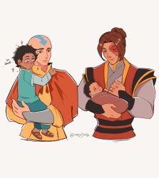  aang absurdres avatar:_the_last_airbender avatar_legends baby bald bumi_(legend_of_korra) burn_scar carrying carrying_baby carrying_person father_and_child father_and_daughter father_and_son highres izumi_(avatar) long_hair looking_at_another maryijoh7 parent_and_child scar smile the_legend_of_korra tibet zuko 
