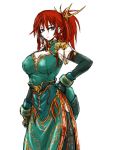 1girl alternate_costume alternate_hairstyle armor blue_eyes breasts closed_mouth earrings gloves hand_on_hip highres hong_meiling jewelry ledjoker07 long_hair redhead ribbon shoulder_pads solo touhou 