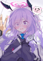  !? 1boy 1girl absurdres blue_archive blue_necktie blush collared_shirt commentary_request eyes_visible_through_hair floating_headgear gloves halo headgear highres holding holding_wrench jacket jacket_on_shoulders long_hair long_sleeves looking_at_viewer lying messy_hair necktie on_back on_floor peanut_mouth pov pov_hands purple_gloves purple_hair purple_halo purple_sweater sensei_(blue_archive) shirt solo_focus speech_bubble spoken_blush spoken_interrobang surprised suzuran_kei sweater upper_body utaha_(blue_archive) violet_eyes white_jacket white_shirt wrench yukadon 