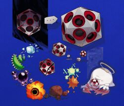  ... absurdres angel_wings bandaid bandaid_on_head blood blue_background closed_eyes colored_sclera commentary_request dice electricity extra_eyes fire flower halo highres ice icosahedron kirby_(series) kirby_64 miracle_matter needle no_humans one-eyed red_sclera rock simple_background white_wings wings womega_(sigma) zero_two_(kirby) 