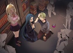  3girls 4boys absurdres ahoge akamatsu_kaede amami_rantaro antenna_hair ball blonde_hair blue_hair breasts commentary danganronpa_(series) danganronpa_v3:_killing_harmony english_commentary glasses green_hair hair_between_eyes hair_ornament highres jacket jewelry large_breasts library llie_137 long_hair long_sleeves multiple_boys multiple_girls musical_note musical_note_hair_ornament necklace open_mouth pants pink_sweater_vest pleated_skirt shirogane_tsumugi shirt short_hair skirt smile spoilers striped_clothes striped_shirt sweater_vest video_camera white_shirt 