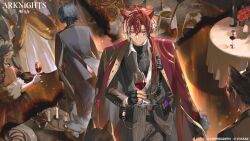  2boys animal_ears arknights bellone_(arknights) bishounen black_gloves black_jacket black_shirt black_suit brown_suit burning burning_photo burnt candelabra candle candlestand chain chain_necklace chest_harness coat coat_on_shoulders commentary compression_shirt copyright_logo copyright_notice cup diamond_(shape) diamond_facial_mark drinking_glass facial_mark facing_away fingerless_gloves from_above gloves hair_over_shoulder hand_in_pocket harness highres holding holding_cup hou_(ppo) infection_monitor_(arknights) jacket jacket_on_shoulders jewelry logo long_hair low_ponytail male_focus mark_under_eye multicolored_hair multiple_boys necklace official_art pants partially_unbuttoned people pinstripe_jacket pinstripe_pants pinstripe_pattern ponytail red_coat red_hair round_table second-party_source shirt streaked_hair suit table tablecloth tail turtleneck turtleneck_shirt vigil_(arknights) violet_eyes white_shirt white_streaks wine_glass wolf_boy wolf_ears wolf_tail 