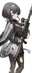  1girl ammunition_belt black_bodystocking black_gloves black_hair black_shirt braid browning_m1919 burnt_clothes callsign:_cedar chinese_commentary closed_eyes closed_mouth colored_tips commentary_request eyeliner facing_viewer gloves gun highres holding holding_gun holding_weapon jacket jacket_on_shoulders light_machine_gun machine_gun makeup medium_hair mole mole_under_eye multicolored_hair neckerchief red_eyeliner red_neckerchief sailor_collar seallllion shirt skirt smile solo standing torn_clothes tsukimi_(callsign:_cedar) weapon white_sailor_collar white_skirt 