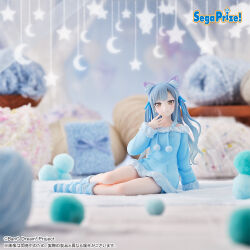  1girl animal_ear_fluff animal_ear_hairband animal_ears arm_at_side arm_support bang_dream! bang_dream!_it's_mygo!!!!! bare_shoulders blue_hair blue_hairband blue_leg_warmers blue_ribbon blue_socks blurry blurry_background blush cat_ear_hairband cat_ears closed_mouth commentary_request company_name copyright_logo copyright_name copyright_notice crescent drawstring fake_animal_ears figure_(medium) full_body fur-trimmed_sleeves fur_trim furrowed_brow hair_ribbon hairband hand_up leg_warmers legs_together logo long_hair long_sleeves looking_at_viewer official_alternate_costume official_art photo_(medium) pom_pom_(clothes) raised_inner_eyebrows ribbon sega smile socks solo star_(symbol) striped_clothes striped_leg_warmers striped_socks swept_bangs thighs togawa_sakiko two_side_up yarn yarn_ball yellow_eyes 