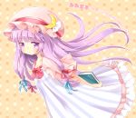  1girl blush book bow crescent dress hat long_hair looking_at_viewer mi_hitsuji patchouli_knowledge purple_hair solo touhou violet_eyes 