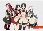  4girls ;d black_eyes black_hair black_legwear braid brown_eyes hands_on_hips harano locked_arms long_hair maid maid_headdress multicolored_hair multiple_girls open_mouth original red_legwear redhead single_braid smile thighhighs two-tone_hair white_hair wink 