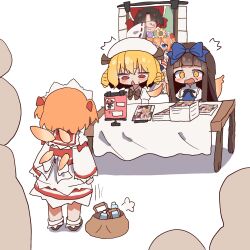  4girls ^^^ bag blue_bow blunt_bangs blush bottle bow brown_hair chibi chibi_only comiket dress drill_hair hair_bow hakurei_reimu hat highres long_hair long_sleeves luna_child magg_(user_mtca8588) manga_(object) multiple_girls open_mouth orange_hair people red_eyes short_hair simple_background star_sapphire sunny_milk table touhou v-shaped_eyebrows white_background white_dress white_hat yellow_eyes 
